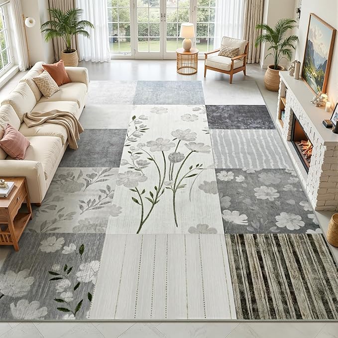 DweIke Floral Rugs for Living Room, 4x6 Washable Area Rug for Dining Room Farmhouse Office Bedroom Decor, Geometric Patchwork Stain Resistant Low Pile Indoor Floor Throw Rugs, Light Grey