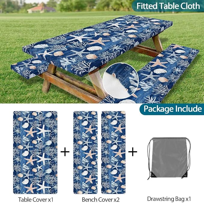 Picnic Table Cover with Bench Covers Camping Elastic Edge Essentials Waterproof Windproof Camping Tablecloth with Drawstring Bag, Fitted Rectangle Tables and Seats, 30X72 Inch, Blue Ocean Coral