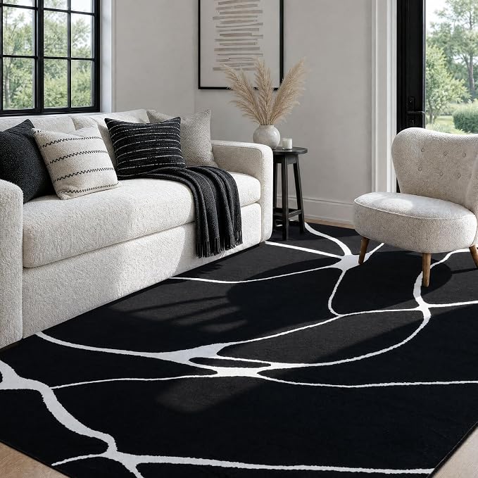 6x9 Washable Modern Abstract Black White Area Rug | Ultra-Thin Low Pile, Non-Slip TPE Backing, Soft Stain Resistant, Machine Washable, for Bedroom Livingroom High Traffic