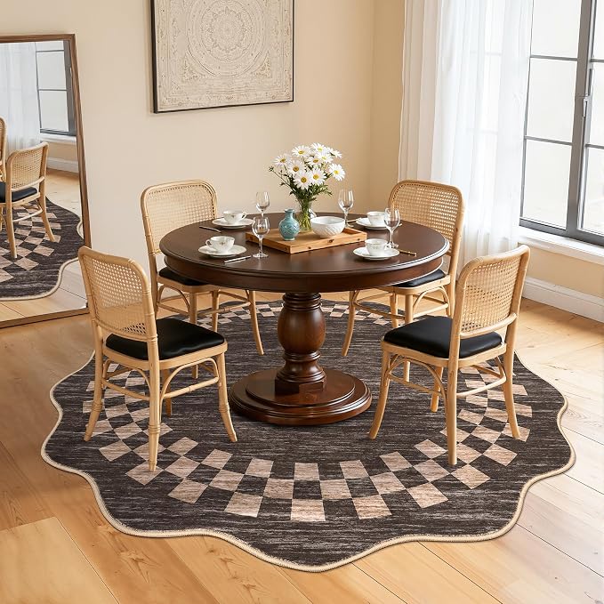 GarveeHome 6ft Washable Round Rug for Entryway Checkered Bedroom Circle Rug | Non Slip Modern Dining Room Round Throw Carpet Large Stain Resistant Border Round Rugs for Living Room Kitchen, Brown