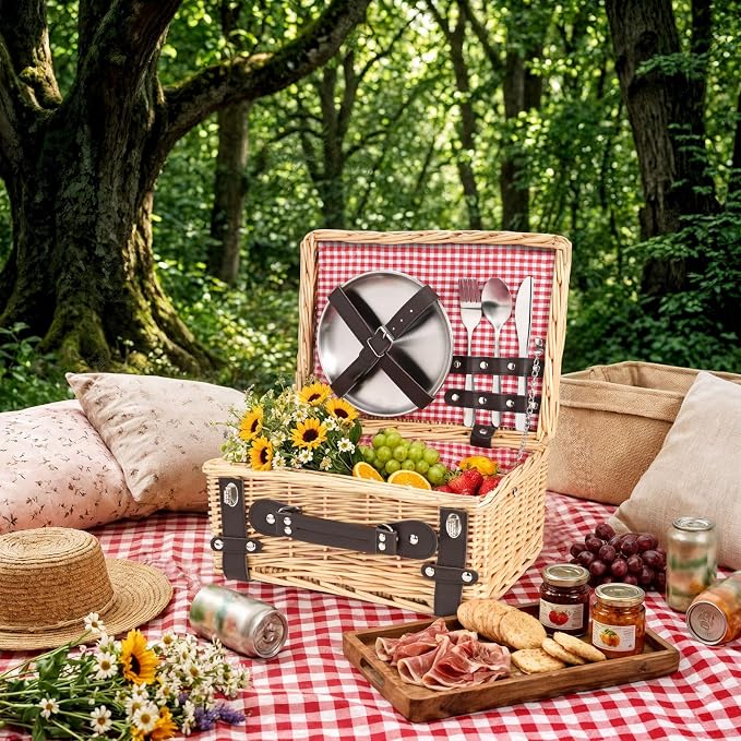 Picnic Basket Set for 2, Wicker Picnic Baskets with Waterproof Blanket and Cutlery Service Kit, Willow Hamper for Camping, Outdoors, Valentine's Day, Christmas, Birthday, Wedding Gift