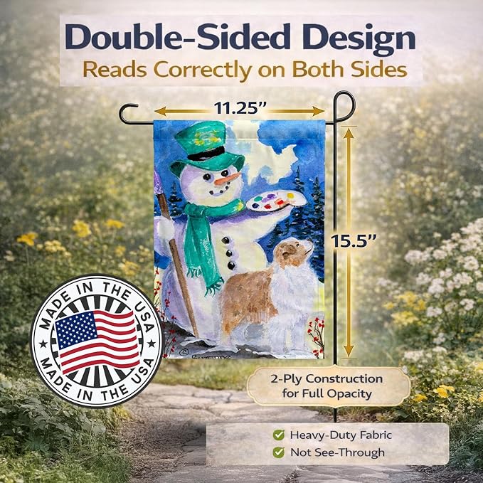 Caroline's Treasures SS8996GF Snowman with Australian Shepherd Garden Flag Mailbox Flag Decorative Yard Flag Banner Outside Patio Artwork Yard Flower Beds, Garden Size, Multicolor