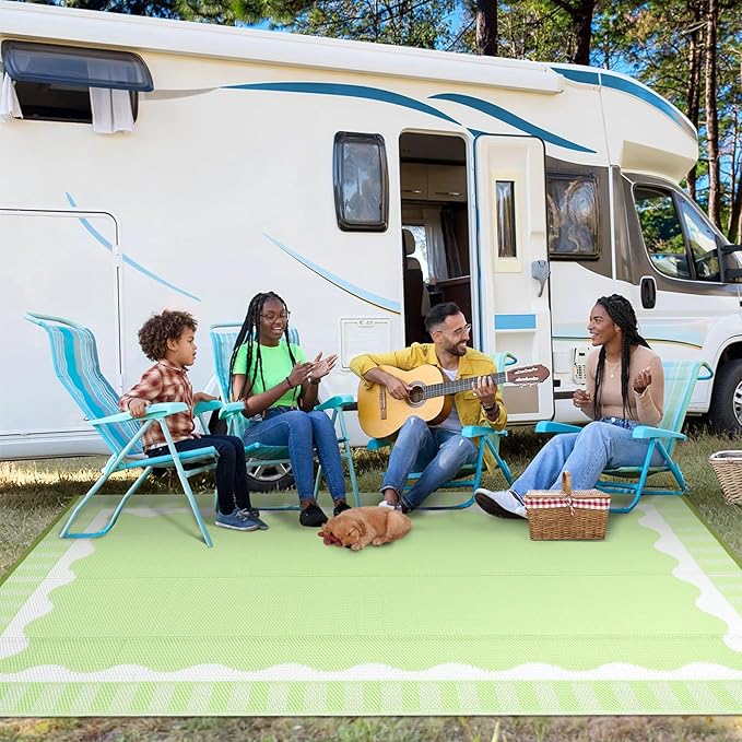 Garvee 9x12 Outdoor Rug, Scalloped Border Waterproof Camping Rugs for Outside Your RV, Modern Foldable Plastic Straw Rug, Reversible UV Resistant Mats for Backyard Deck Porch Camper, Light Green