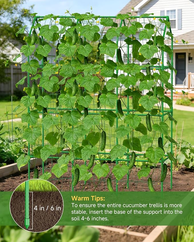 Cucumber Trellis for Climbing Plants Outdoor, A-Shape Garden Trellis for Raised Bed, Metal Plant Trellis with Garden Netting for Flower Vegetables, Pea, Grape (50 * 17 * 65inch(L*W*H)