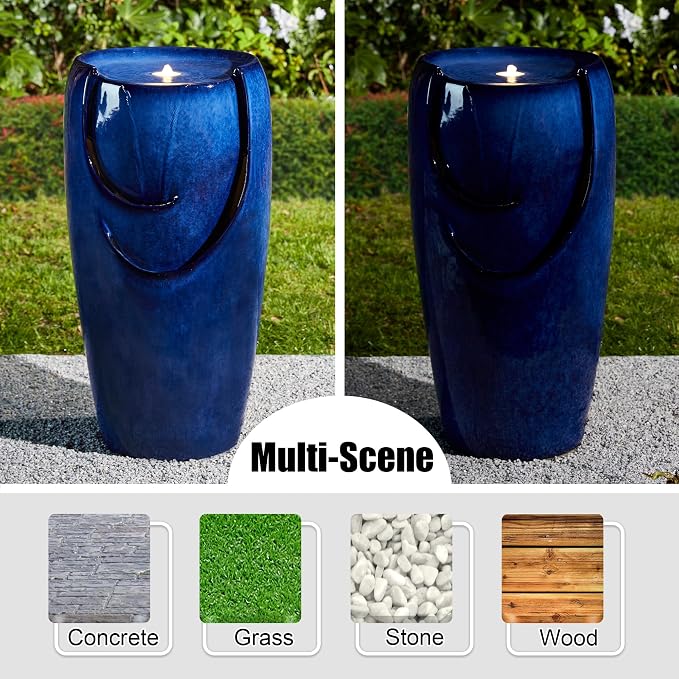 Glitzhome Outdoor Water Fountain with LED Light, Oversized Ceramic Vase Water Fountains Outdoor, Tall Water Feature Backyard Fountain for Garden Patio, Cobalt Blue, 29.3”H