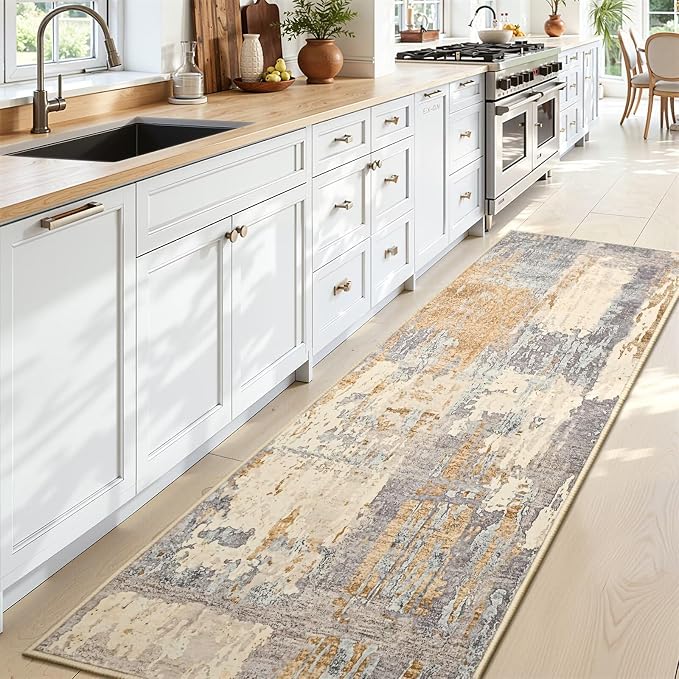 Toneed Washable 2x6 Non-Slip Abstract Runner Rug for Hallway Kitchen | Soft Modern Low Pile Area Rugs for Bedroom Laundry Living room,Indoor Carpet for Bedside Home Decor, Camel