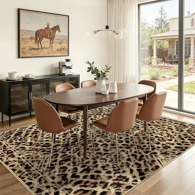 5'x7' Washable Area Rug for Living Room Bedroom Leopard | Soft Western No Slip Low Pile Print Foldable Indoor for Kitchen Dining Room