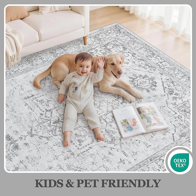 Area Rug 6x9 Living Room Rug Washable Grey Non-Slip Rugs | Vintage Medallion Rug，Soft Low Pile Large Rugs，Indoor Retro Carpet for Bedroom Nursery Dining Table Farmhouse Home Office