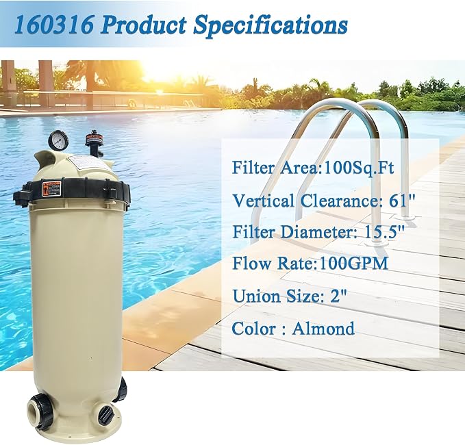 EC-160316 Cartridge Pool Filter,100 Square Feet 100 GPM | Fit for Pentair Clean & Clear CC100 Pool Spa,Almond