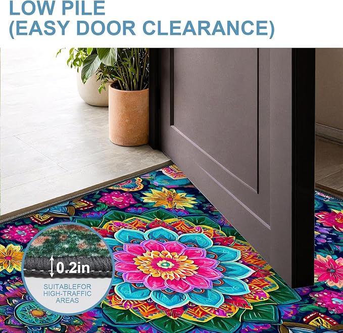 Vibrant Multicolor Mandala Floral 2x3 Entry Rug,Washable Small Rugs for Entryway Kitchen Bathroom Door Mat Indoor Entrance,Non Slip Rubber Backing,Stain & Fade Resistant,Boho Psychedelic Decor