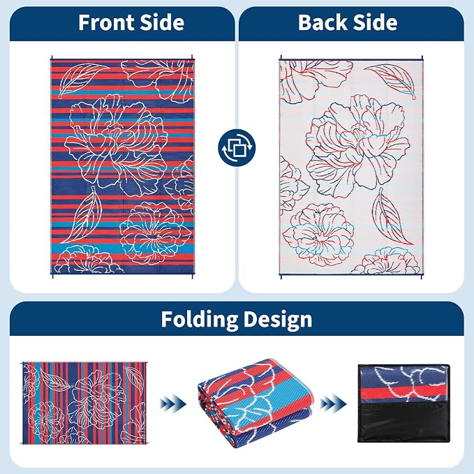 Garvee 10x14 Outdoor Waterproof Rug, Floral Outdoor Area Rug，Reversible Plastic Straw Patio Rug, Portable Camping Mat for RV, Picnic, Beach, Balcony, Garden & Camping Red&Navy