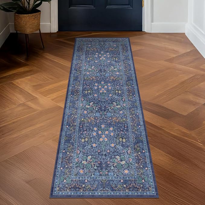 Non Slip 2x10 Dark Blue Hallway Runner - 10ft Long Runner Rugs, Washable Kitchen Floor Mat - Vintage Navy Floral Design Décor