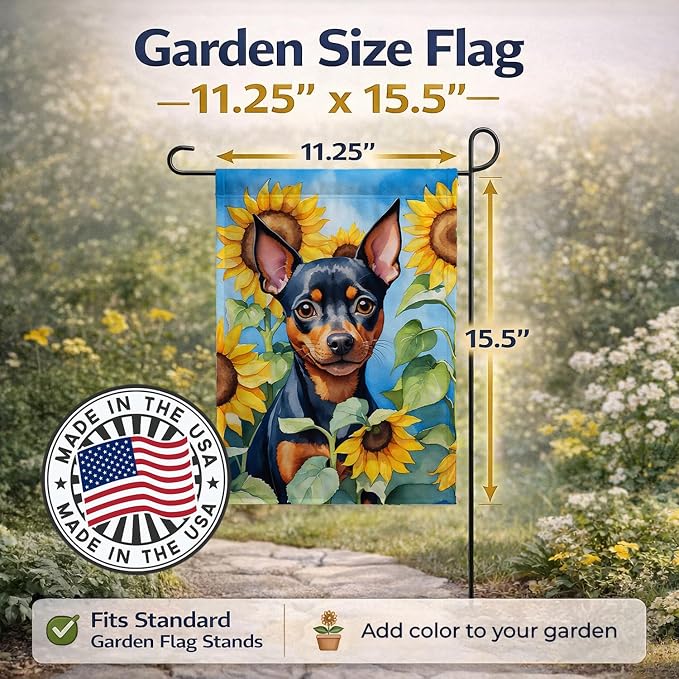 Caroline's Treasures DAC6121GF Miniature Pinscher in Sunflowers Garden Flag Mailbox Flag Decorative Yard Flag Banner Outside Patio Artwork Yard Flower Beds, Garden Size, Multicolor