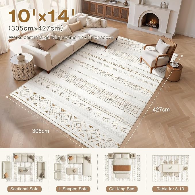 cotiled Boho 10x14 Area Rug for Living Room: Large Moroccan Washable Rug | Stain Resistan Carpet for Bedroom Farmhouse Brown Cream