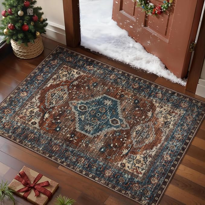 Tangsoo Oriental 2x3 Washable Rugs for Entryway, Non Slip Small Area Rug | Vintage Indoor Front Door Rug, Boho Print Door Mat Soft Low Pile Throw Rugs for Entrance Entry Kitchen Bedroom Bathroom
