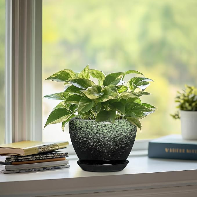 Ceramic Pots for Plants - 6 Inch Plant Pots with Drainage Hole and Saucer, Ceramic Planters for Indoor Plants, Decorative Succulent Pot, Office Decor, Gifts for Plant Lovers, Retro Green