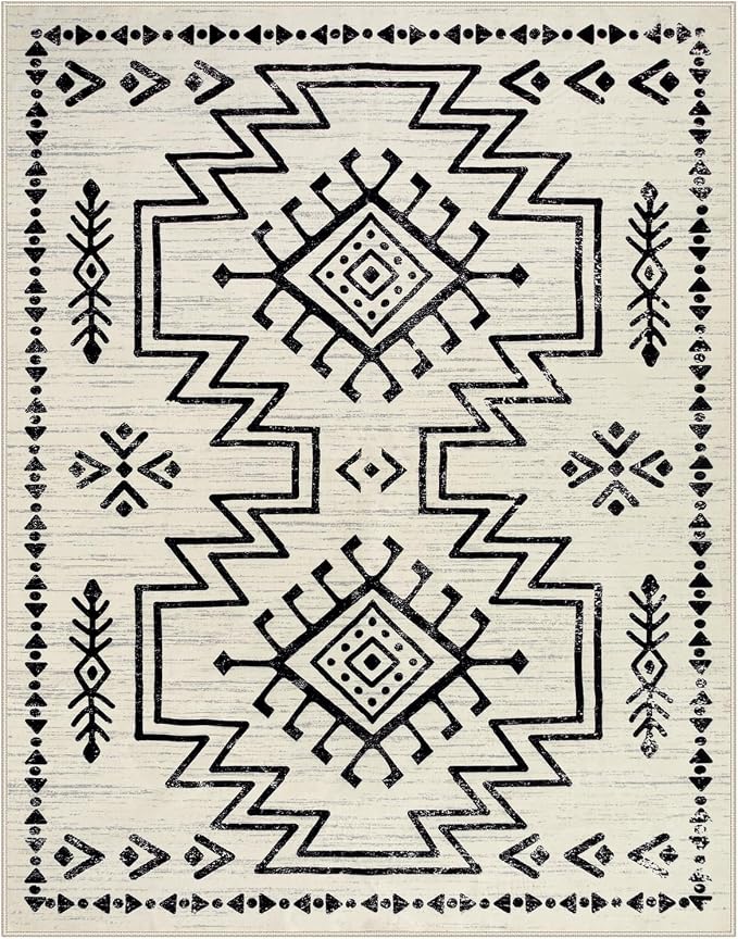 Lahome Moroccan Rug 8x10 for Living Room, Washable Western Rugs for Bedroom | Boho Soft Low Pile Carpet for Dining Room Table, Distressed Aztec Carpets for Office Home Decor (Ivory)