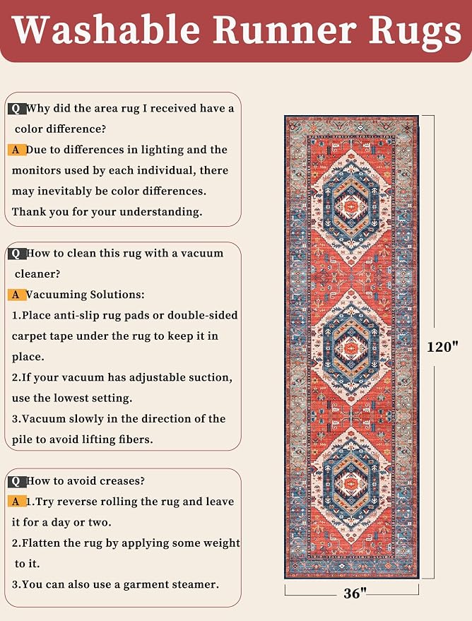 SERISSA 3x10 Washable Non Slip Boho Runner Rug for Hallway，Rust | Ultra Soft Vintage Oriental Carpet Low-Pile Long Tribal Floor Carpet for Stair Kitchen Bedroom Bathroom Laundry Room