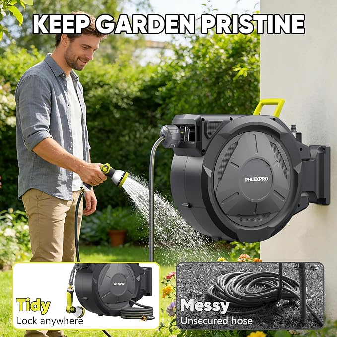 115FT x 5/8" Retractable Garden Hose Reel - PHLEXPRO Heavy Duty Hose Reel Wall Mount 3/4" Brass Fitting 10 Pattern Nozzle, Any Length Lock Automatic Slow Retraction 180° Swivel, UV Resistant