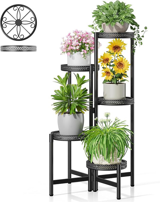 5 Tiered Tall Plant Stand Indoor Outdoor, Metral Plant Shelf for Corner Display Rack, Multi-Tier Folding Planter Pot Holder Flower Stand for Living Room Balcony Garden Patio - BlackS