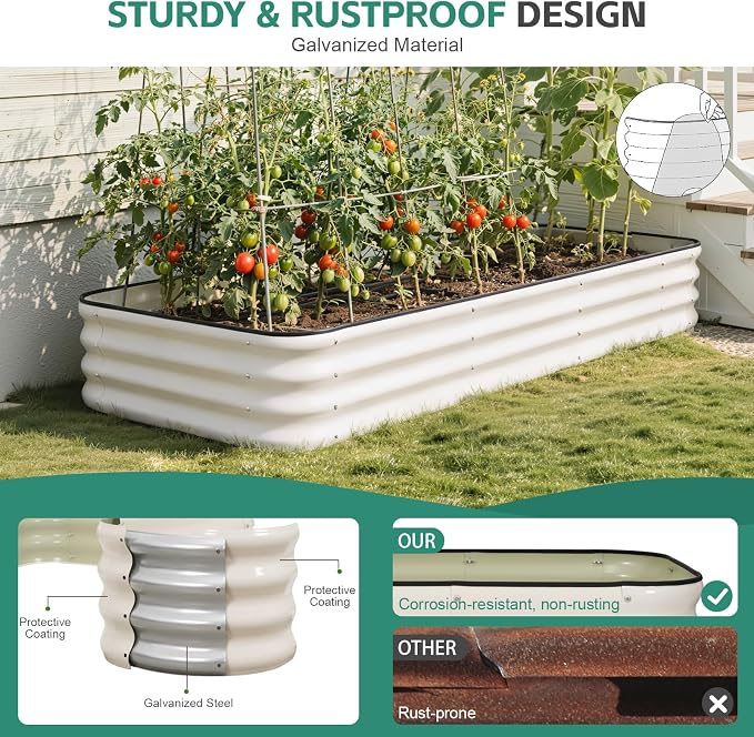 5 in 1Galvanized Raised Garden Bed - 8x3x1ft Modular Garden Planter Bed Outdoor | Steel Raised Bed Kit with Bracing Rods, Gloves for Gardening Vegetables Fruits and Flowers (White)