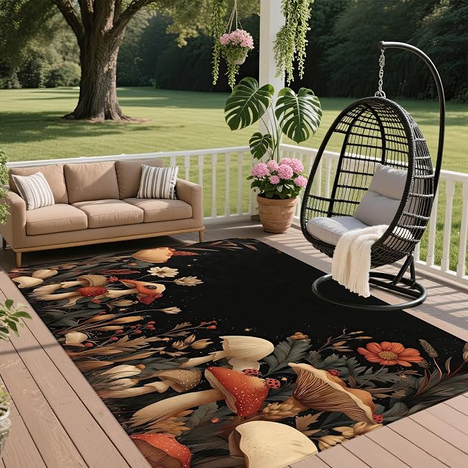 Vintage Mushroom Rug for Living Room 5x7,Fall Forest Flower Machine Washable Area Rug Soft Stain Resistant Floor Large Carpet for Bedroom,Farmhouse,Dining Room,Kids Playroom