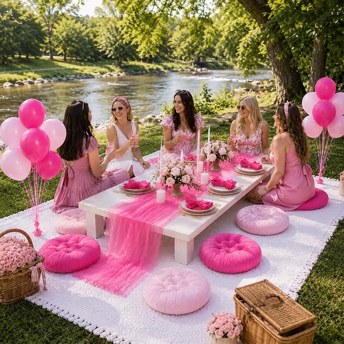 Cinrobiye Boho Picnic Party Set for Outdoor, Aesthetic Picnic Setup with Large Picnic Blanket, Floor Cushions, Table Runner, Napkins, Balloons for Wedding, Bridal Shower, Birthday (Pink)