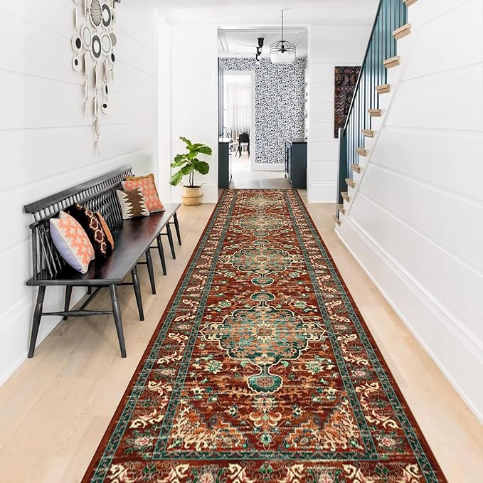 U'Artlines 2' x 10' Boho Hallway Runner Rug, Washable Carpet, Rust＆Teal | Non Slip, Vintage Farmhouse Accent Area Rug Carpet, for Kitchen Entryway Laundry and Living Room