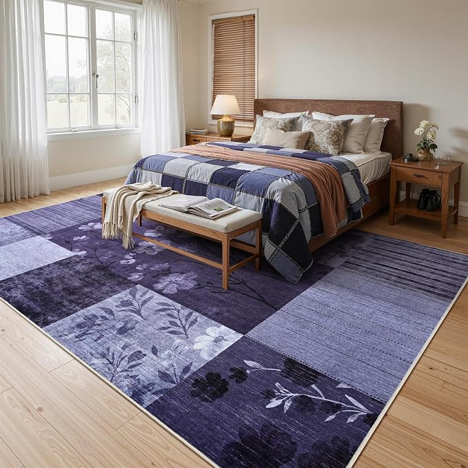 DweIke Floral Rugs for Living Room, 6x9 Washable Area Rug for Dining Room Farmhouse Office Bedroom Decor, Geometric Patchwork Stain Resistant Low Pile Indoor Floor Throw Rugs, Purple