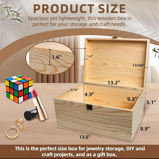13.8x9.9x6.7-Inch/ 3.33-Gal. X-Large Unfinished Wooden Box for DIY Crafts & Storage with Hinges & Retro Front Clasps - Natural Pine - Smooth Paintable Surface