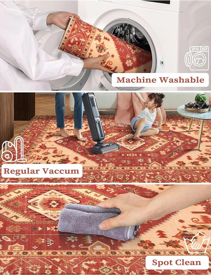 SERISSA 2x6 Washable Non Slip Boho Runner Rug for Hallway，Red | Ultra Soft Vintage Oriental Carpet Low-Pile Distressed Tribal Floor Carpet for Kitchen Bedroom Bathroom Laundry Living Room