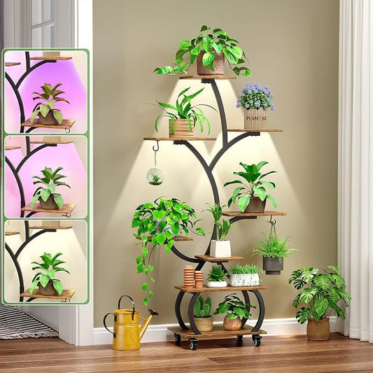 VINGLI Plant Stand Indoor with Grow Lights, 48" Small Space Plant Stand, 8-Tier Mobile Plant Shelf, Lighted Display Rack for Apartment, Living Room & Balcony, Black and Brown