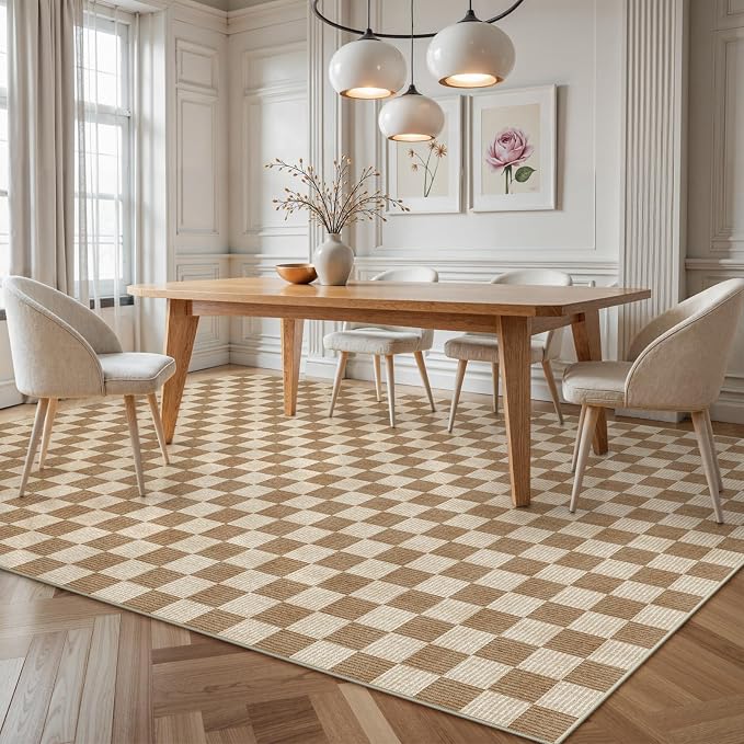 LIVEBOX 10x14 Area Rugs for Living Room, Checkered Non-Slip Washable Rugs, Farmhouse Neutral Classic Geometric Pattern Large Boys Area Rug for Bedroom, Carpet for Dining Room Office (Brown,10'x14')