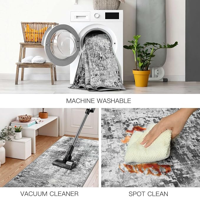 Dark Grey Washable Small Area Rug, 2x3 Abstract Non-Slip Door Mat, Modern Low Pile Indoor Entryway Rugs, Stain Resistant Throw Carpet for Front Door, Kitchen, Entry, Inside Entrance