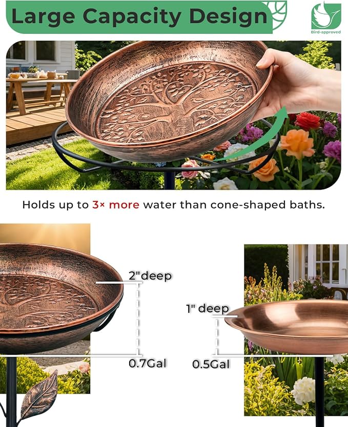 Metal Bird Bath for Outside 12" Tree of Life Birdbath Bowl with Stake | Adjustable Height Vintage Outdoor Bird Bath | Rust Resistant Easy to Clean for Garden Yard Lawn Decor Decor, Copper