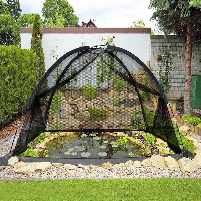 Pond Cover Dome Netting Tent 7x5 Ft - Reinforced 420D Sleeves Garden Fish Protector for Koi Blue Heron Defense Leaf Guard with 7.9mm Fiberglass Poles Zipper Stakes