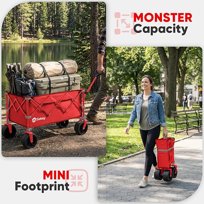 Sekey 250L Wagons Carts Foldable with Big All-Terrian Beach Wheels, Collapsible Heavy Duty Wagon, Extra Large Folding Wagon,Foldable Wagon for Camping, Garden, Sports. Red