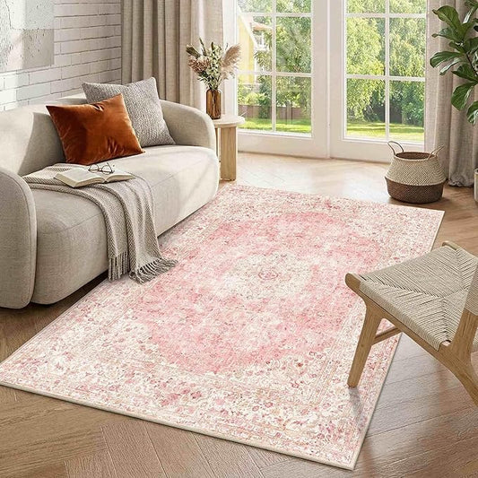 Latte&Fog Vintage Pink Area Rugs 4x6, Washable Cute Small Rugs for Girls | Bedroom Dining Kitchen Kids Playroom Nursery Classroom Dorm Farmhouse Office, Non Slip Low Pile Soft Floral Carpet