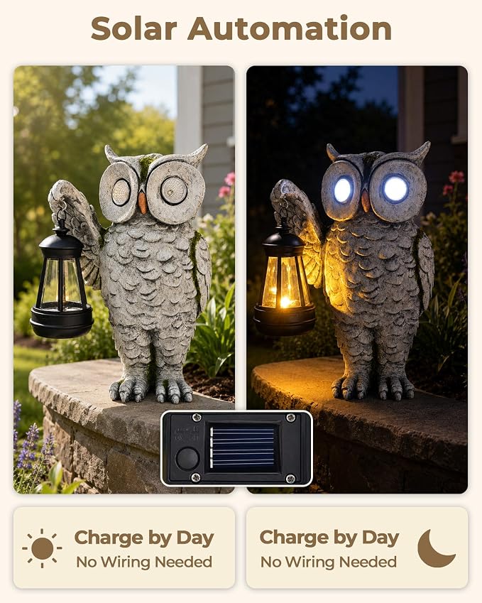 Solar Owl Statue Outdoor Decor | Stone-Look Resin Owl Garden Sculpture with Glowing Eyes & Hanging Lantern | Realistic Weathered Finish for Patio, Lawn, Porch, Flower Bed | Gardening Gift
