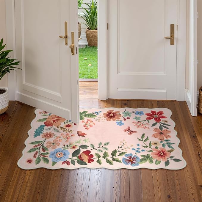 Lahome Floral Pink Rugs for Entryway, 2X3 Washable Kitchen Rug Non Slip | Ultra-Thin Indoor Door Mat Stain Resistant Boho Small Carpet for Bathroom Bedroom Flore (2x3ft, Light Pink)