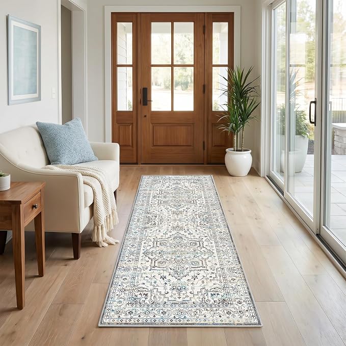 Vintage Washable 2x6 Runner Rug, Non-Slip Low-Pile Elegant Persian Rug for Kitchen Hallway Bathroom Bedroom Beside Laundry Room RV Interior, Stain Resistant Traditional Indoor Rug, Neutral Cream Blue