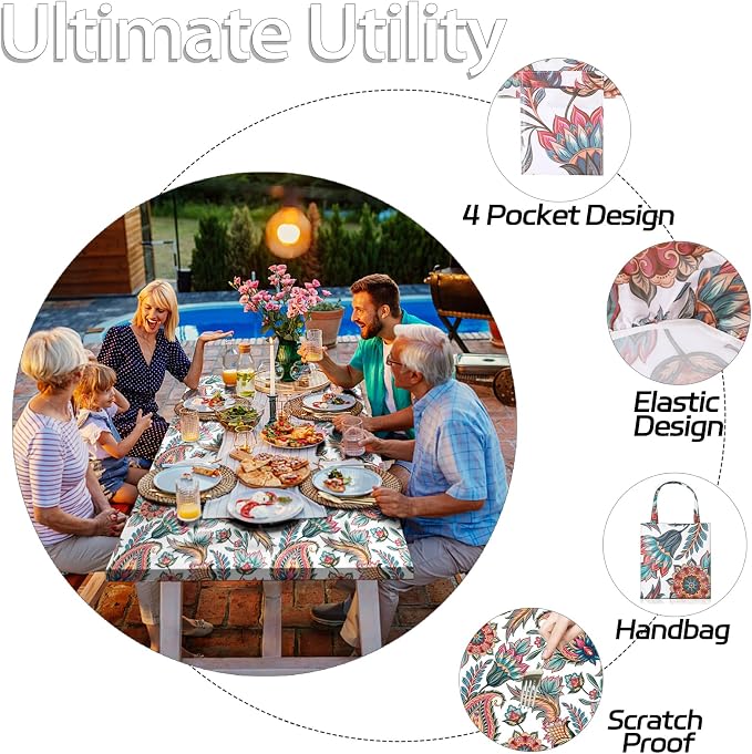 Fitted Waterproof Picnic Table Cover with Bench Covers Heavy Duty Elastic Outdoor Camping Tablecloth for 6 Foot Rectangle Tables Summer Rv Accessories Patio Garden Road Trip Essentials Gifts