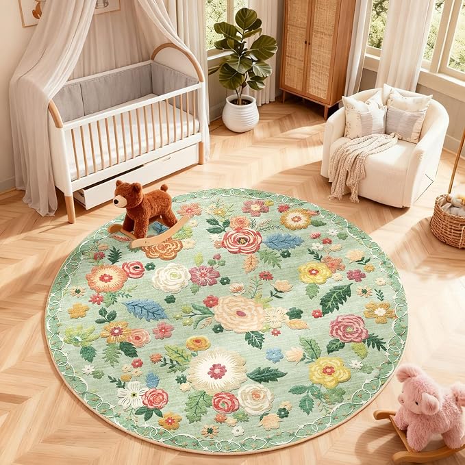 4ft Washable Round Rugs for Bedroom: Circle Living Room Rug Vintage Non Slip Low Pile Soft Faux Wool Non Shedding Small Circular Rug for Kitchen Entryway Bathroom Bedside Office CollegeDorm Kids Room