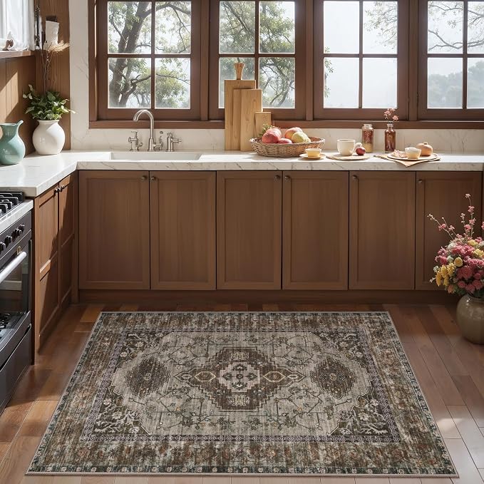 Tangsoo Vintage 2x3 Washable Entryway Rugs, Non Slip Small Area Rug | Oriental Indoor Front Door Rug, Boho Print Door Mat Low Pile Throw Rugs for Entrance Entry Kitchen Bedroom Bathroom Grey