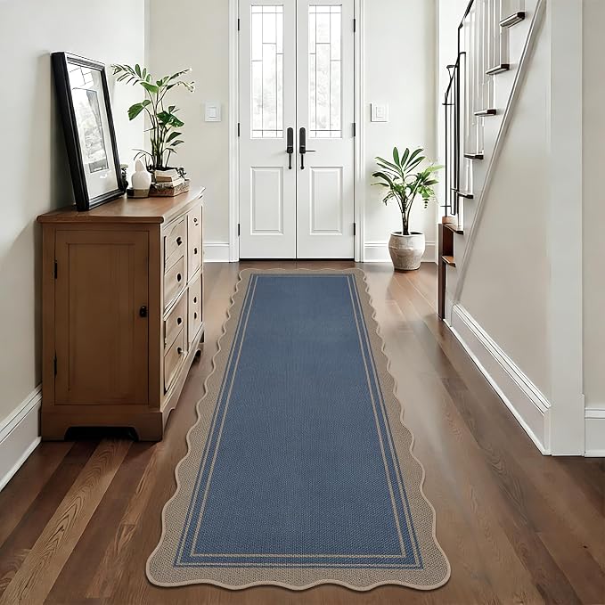 Easy Jute Kitchen Runner 2x6 Kitchen Runner Rug Washable Non Slip Outdoor Rug for Entryway Farmhouse Neutral Low Pile Scalloped Carpet for Hallyway Proch Doorway