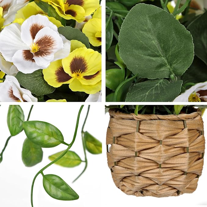 Briful Artificial Pansy Flowers in Baskets, 2PCS Realistic Fake Flowers for Farmhouse Table Decor, All Seasons Faux Indoor Flowers for Home Kitchen Living Room Dining Shelf Decor, White Yellow