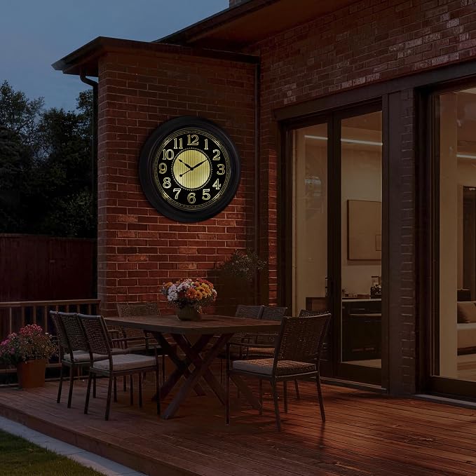 Retro Large Illuminated Outdoor & Indoor Wall Clock 18 Inch, Glow in The Dark Classic Clock with Smart Light Sensor Battery Operated, Vintage Night Light Clocks for Patio Garden Home Porch Pool