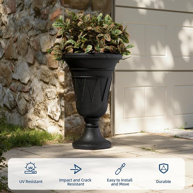 Tall Urn Planters for Outdoor Plants Set of 2-23.6" H Vintage Trophy Design Outdoor Planters for Porch Decor with Drainage Hole, Indoor Large Flower Pots, Pedestal Planter/Garden Vase, Black