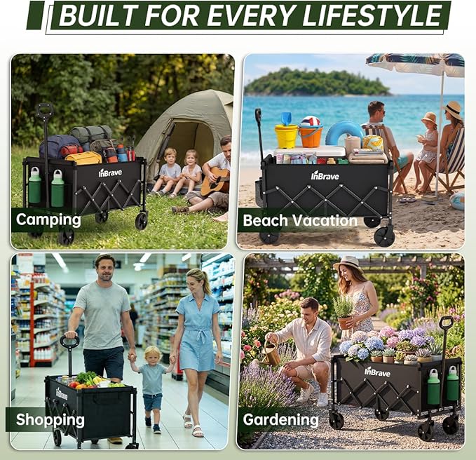 Collapsible Wagon Cart Foldable Beach Wagon with All-Terrain Wheels - 380 LBS Heavy Duty Grocery Cart for Shopping, Beach, Camping, Sports, Garden (Black)