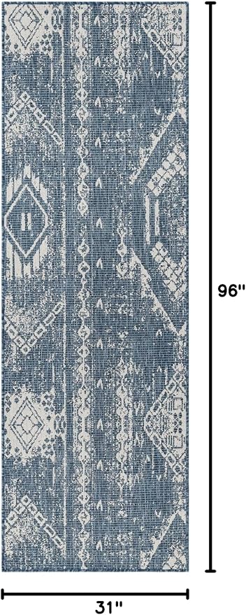 Unique Loom Outdoor Bohemian Collection Area Rug - Anthro (2' 7" x 8' Runner, Blue/ Ivory)